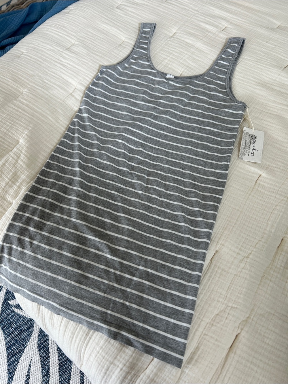 Grace & Lace Gray and White Striped Scoop Tank